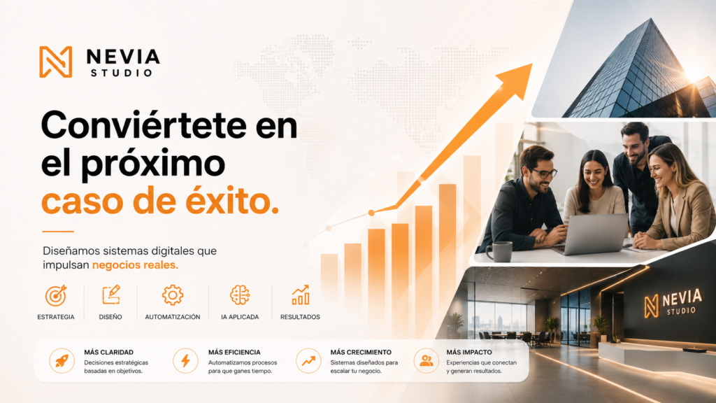 Diseño corporativo de Nevia Studio mostrando crecimiento empresarial, estrategia digital, automatización e inteligencia artificial aplicada para negocios modernos.